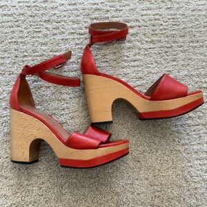 ROBERT CLERGERIE Leather Wood Platform Ankle‎ Strap Heels Sandals Women 5.5